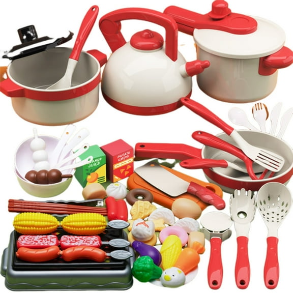 KOYPTL Kids Kitchen Toy Accessories Set for Kids 3+ Years Old, Toddler Pretend BBQ Cooking Playset with Pots and Pans, Utensils Cookware, Cut Play Food Set, Toy Vegetables, Birthday Gifts For Toddler