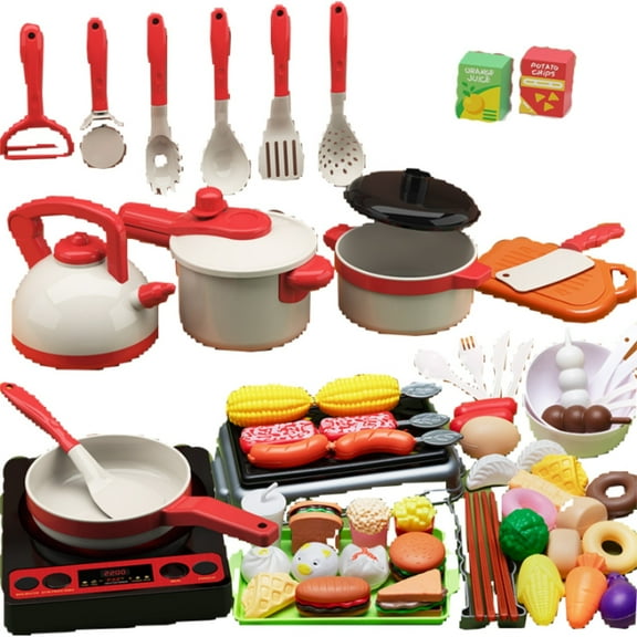 KOYPTL Kids Kitchen Toy Accessories Set for Kids 3+ Years Old, Toddler Pretend BBQ Cooking Playset with Pots and Pans, Utensils Cookware, Cut Play Food Set, Toy Vegetables, Birthday Gifts For Toddler