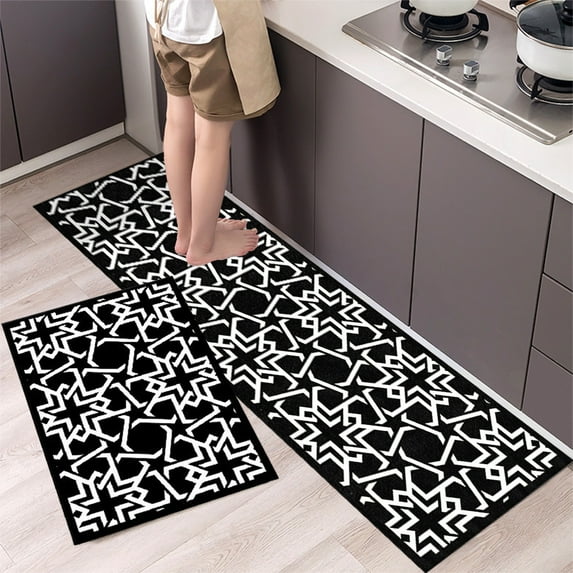 KOYPTL Kitchen Runner Rug Non-Slip 2PCS,Modern Hallway Runner Rug with Rubber Backing for Garage Laundry Living Room,Bathroom Runner Rug Household Absorbent Carpet Runners for Entryway Black & White