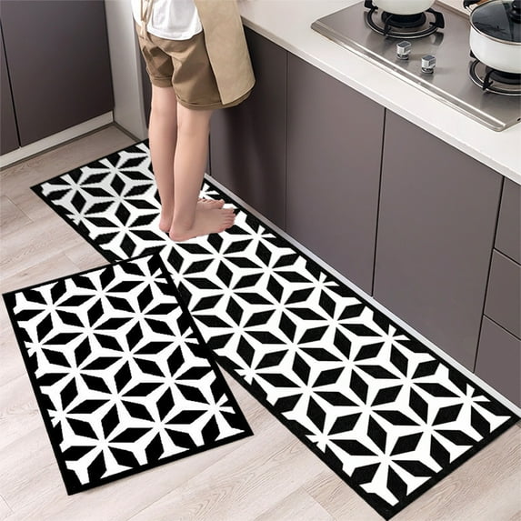 KOYPTL Kitchen Runner Rug Non-Slip 2PCS,Modern Hallway Runner Rug with Rubber Backing for Garage Laundry Living Room,Bathroom Runner Rug Household Absorbent Carpet Runners for Entryway Black & White