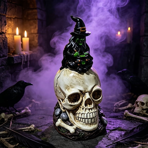 KOYPTL LED Resin Skull Statue with Sitting Witch & Cauldron Figurine,USB Color-Changing LED Light Fogging Gothic Table Light,Mantel Fireplace Halloween Indoor Spooky Atmosphere Decor