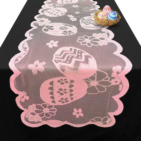 KOYPTL Lace Easter Table Runner Cute Easter Eggs Floral Table Runners Spring Holiday Decorative Tablecloth for Home Kitchen Dining Room Fireplace Mantel Bedroom Indoor Party Supplies (Pink)