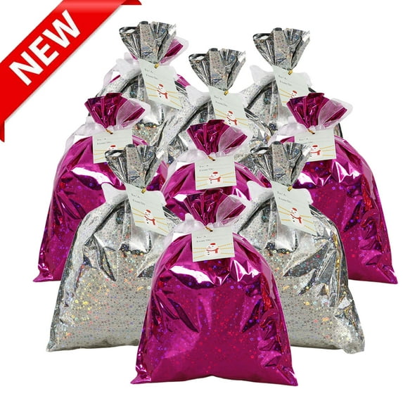 KOYPTL Large Christmas Bags with Name Card,Glitter Print Xmas Candy Bags with Tie String & Bundle Pocket,Reusable Quality Materials Festive Vibe for Holiday Parties Decoration Wrapping Gifts-White