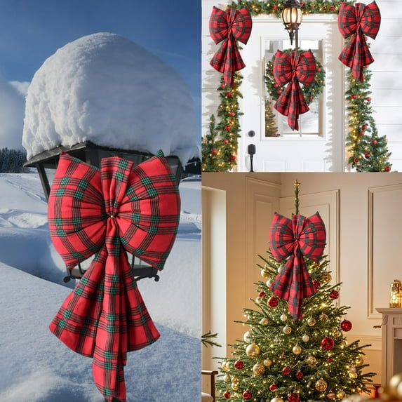 KOYPTL Large Christmas Bows,intage Red Buffalo Plaid Wreath Bow Christmas Velvet Decorations for Xmas Tree Christmas Hanging Ornament for Wreath Tree Topper Indoor Home Party Decor