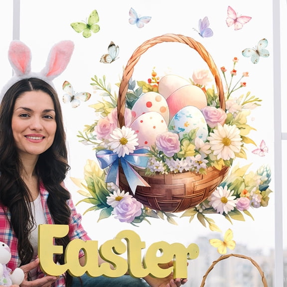 KOYPTL Large Easter Wall Stickers,Easter Eggs Bunnies Wall Decals Window Clings for Spring Summer Bedroom Living Room Decorations,Colorful Flowers Decor Party Supplies for Home Office Door Ornaments