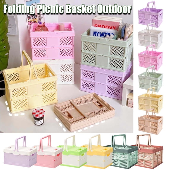 KOYPTL Large Foldable Storage Latchs Bins 8.2"X12.2",Plastic Stackable Picnic Basket Storage Organizer Box,Portable Visible Storage for Closet Laundry Kitchen Bathroom Home Office Outdoor Beige