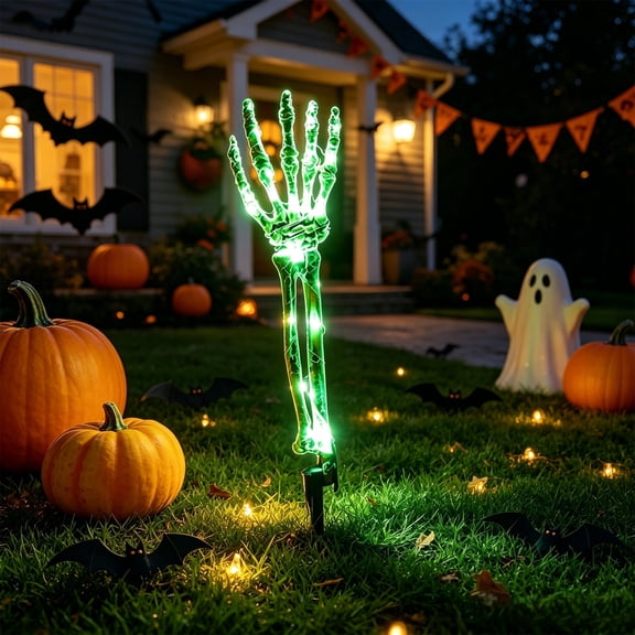 KOYPTL Light Up Green LED Skeleton Arm Yard Stake Lights,Realistic Bone Hand Pathway Light Marker,Waterproof Outdoor Halloween Lawn Graveyard Landscape Decorations (Green)