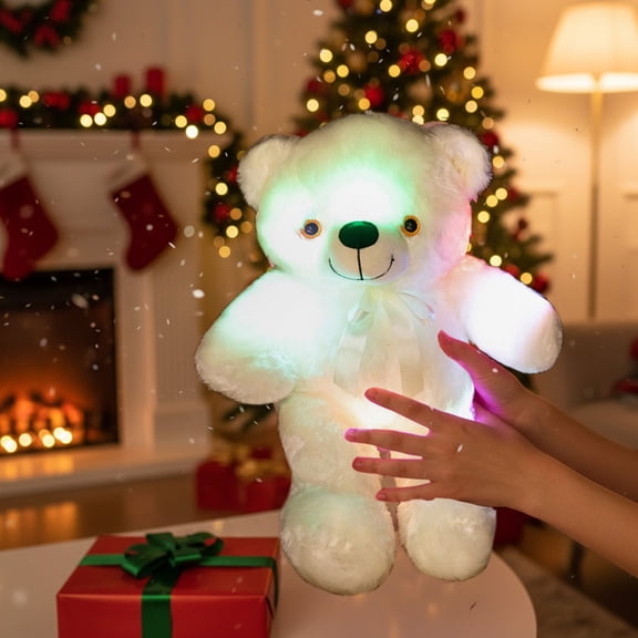 KOYPTL Light up Ribbon Bear Stuffed Animals for Toddlers 2 3 4 5 6 Years Old,LED White Bear Soft Toy White Night Lights Glow Bedtime Pal Festival Gift for Boys Girls Birthday Christmas Decorations