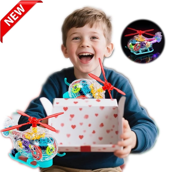 KOYPTL Light Up Transparent Toy Helicopter for Kids Toddlers 2 3 4 5 6 Years Old,Push and Go Toy Car with Colorful Rotating Gears Music LED Effects,Early Educational Toy,Gift for Christmas Birthday