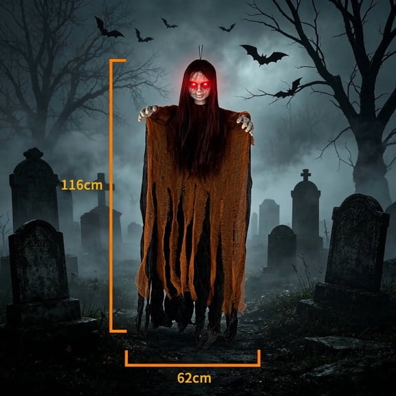 KOYPTL Long Hair Female Ghost Hanging Halloween Decoration,Tattered Ripped Gray Robe Scary Decor,Life Size Creepy Wall Door Hanging Skeleton Witch with Glowing Red Eyes for Outdoor Indoor Ornament