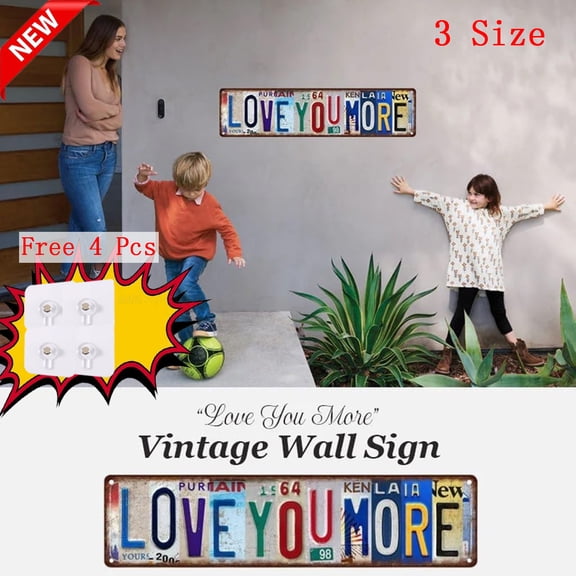 KOYPTL Love You More Vintage Wall Sign – Rustic Metal Wall Decor Retro License Plate Style Home Sign for Living Room Bedroom & Entryway Housewarming Gifts to Express Warm for Your Family 3 Size