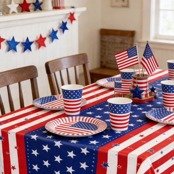 KOYPTL Memorial Day Patriotic Disposable Square Tablecloth 53.94x107.87in Independence Day USA Flag Star Waterproof Plastic Table Cover July 4th Decorations for Holiday Kitchen Dinning Party Decor