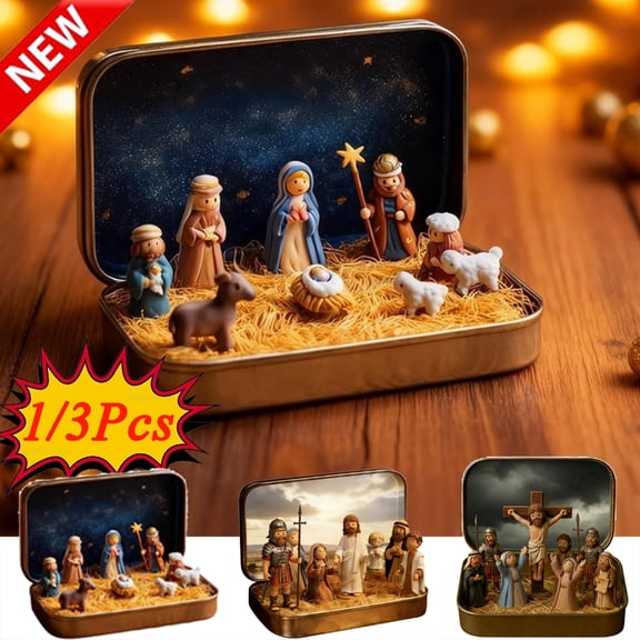 KOYPTL Mini Christmas Nativity Set in Tin Box Portable Holy Family Figurines Travel Ornament Easter Decorations for Table Bookshelf Home Decor Holiday Party Gifts for Women Religion Lover(1pc)