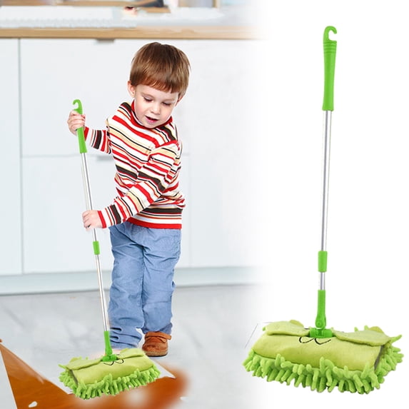 KOYPTL Mini Mop for Aged 4 5 6 +,Microfiber Cartoon Dust Mop Cleaning Tools with Stainless Steel Handle Retractable Removable Educational Housework Kit for Youngsters to Learn Cleaning Skills Green