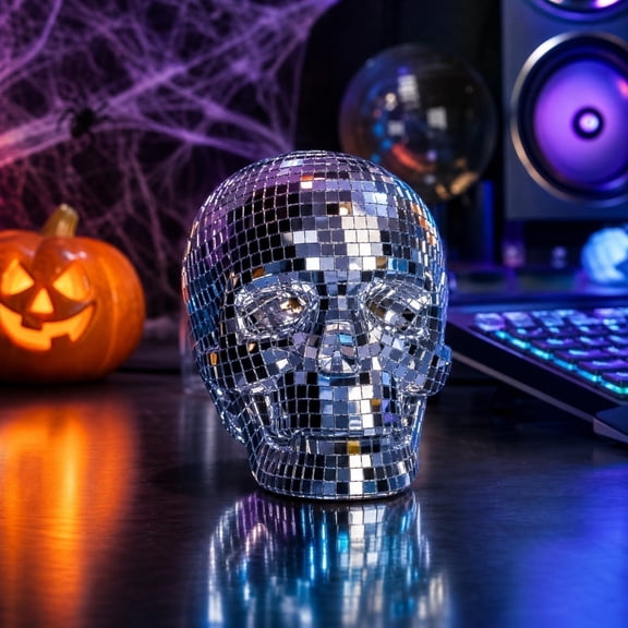 KOYPTL Mirror Mosaic Disco Skull Statue,Reflective Tile Skeleton Head Tabletop Ornament,Modern Gothic Halloween Bedroom Shelf Decor