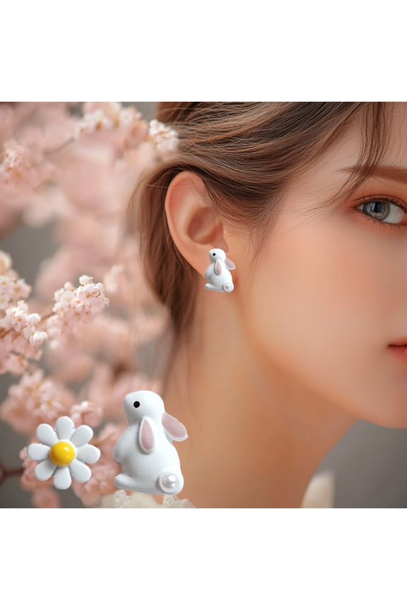 Mother's Day Valentine's Day Birthday Gift for Girlfriend Mother Wife DaughterInfallible Little Bunny Earrings Personality Asymmetrical Contrast Color Flower Earrings Short Earrings Gift