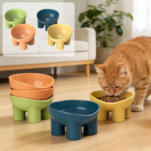 KOYPTL Multi-Color Tripod Raised Ceramic Cat Bowl,Sloped Anti-Vomiting Pet Feeding Dish,Non-Slip Stable Base Easy Clean Food Water Bowl for Kittens Indoor Daily Feeding Pet Supplies