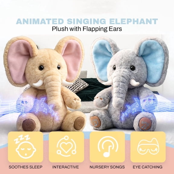 KOYPTL Musical Stuffed Animals Toys for Aged 2 3 4 5+,Singing Elephant Plush Toy Stress Relief Catching Eyes Development Brain,Birthday Holiday Christmas Gifts Beige