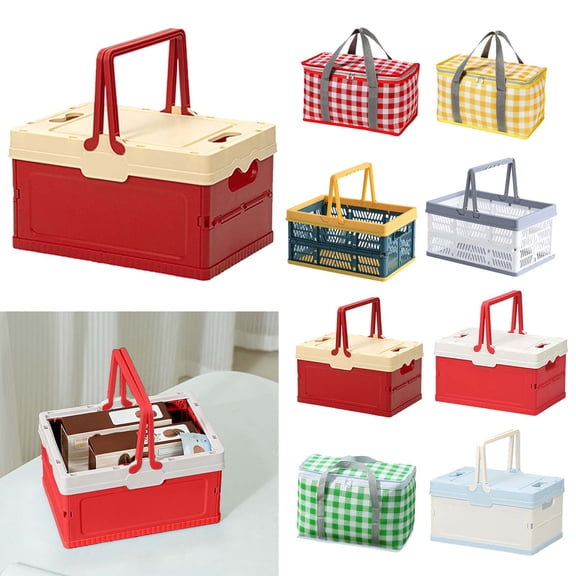 KOYPTL Plastic Storage Crate 5.7"X9.8",Collapsible Stacking Storage Basket with Lid Handles,Folding Shopping Basket for Kitchen Bathroom Car Classroom Medicine Milk,Portable Stackable Picnic Basket