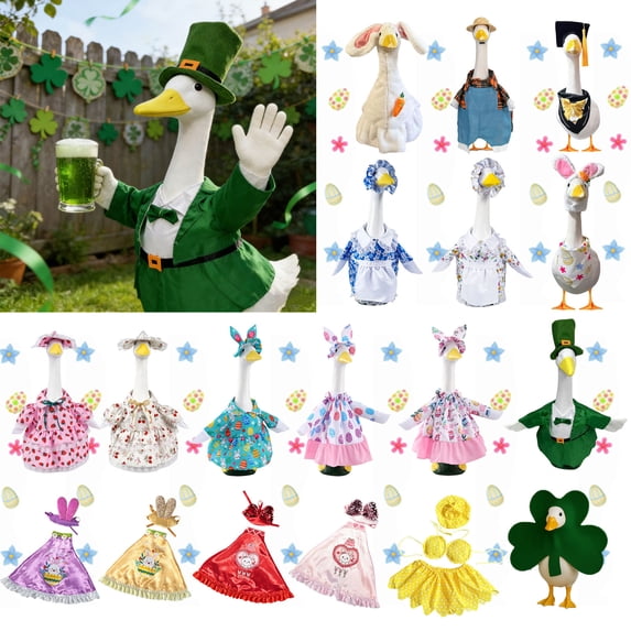 KOYPTL Porch Goose Outfits,All Seasons Holiday Christmas,St.Patrick's Day,Easter,Valentine,Birthday,Goose Outfits for Patio Yard Garden Decor,23" Porch Goose Decorations Include Costume & Accessories