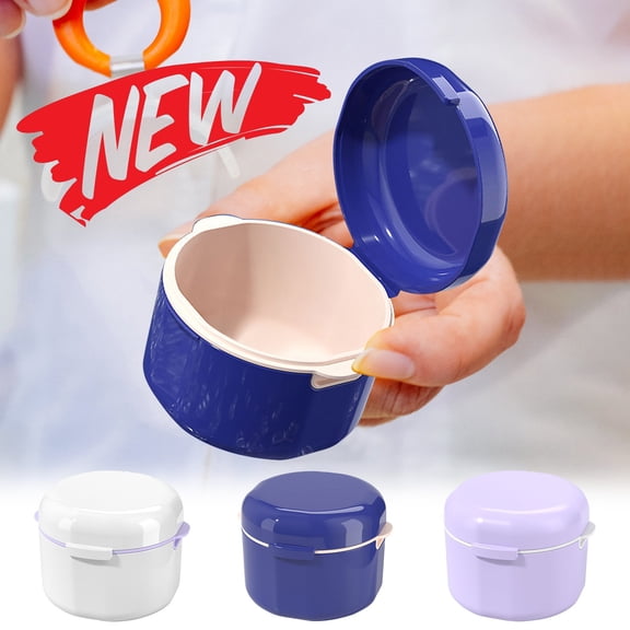 KOYPTL Portable Denture Bath Case Cup Box Holder Storage Soak Container with Strainer Basket for Travel Cleaning, Double-layer Sleeve Storage Box with Cover, Purple