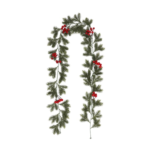 KOYPTL Red Berry Garland Christmas Decoration,6ft Artificial Christmas Greenery Garland with Holly Leaves Pine Needles for Fireplace Table Centerpiece Holiday Front Door Mantel Home Indoor Decor