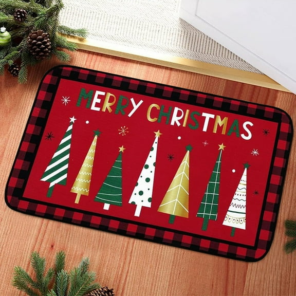 KOYPTL Red Christmas Tree Welcome Front Door Mat-12 x 8 In,Plaid Edging Non Skid Cushioned Carpet,Washable Dirtproof Comfort Rug for Winter Holiday Decor Kitchen Home Porch Entrance Floor Outdoor