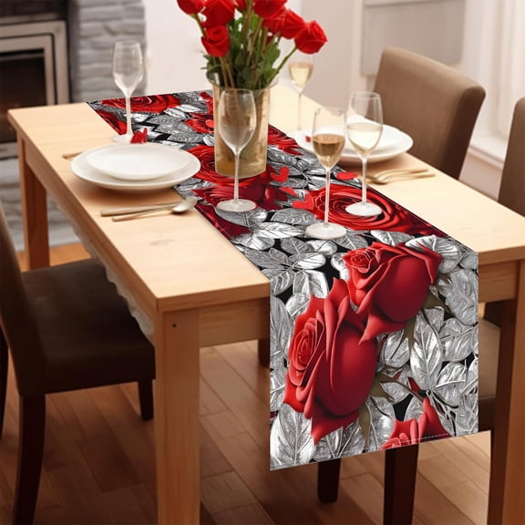 KOYPTL Red Roses Table Runners for Valentine's Day Decorations Flax Flower Print Table Decorations for Kitchen Family Dinner Holiday Party Supplies 108*13 Inch