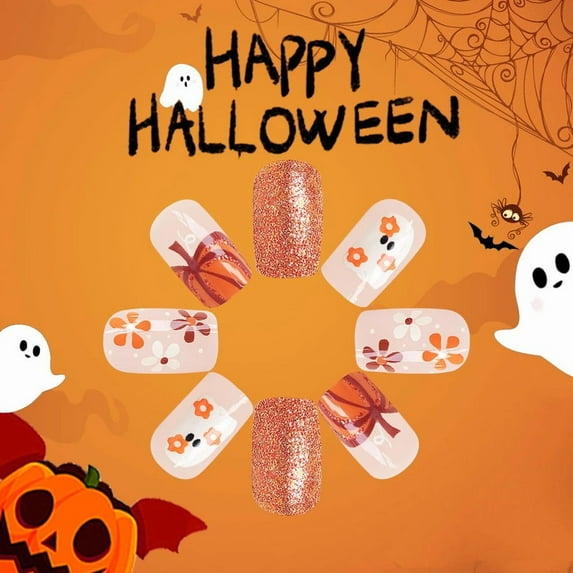 FSTDelivery Reusable Ghost Pumpkin Press on Nails,Orange Flowers Short Square Fake Nails,Acrylic Glossy Glue on Nails,Autumn Halloween False Nails for Women Girls Holiday Daily AppointmentWear 24pcs