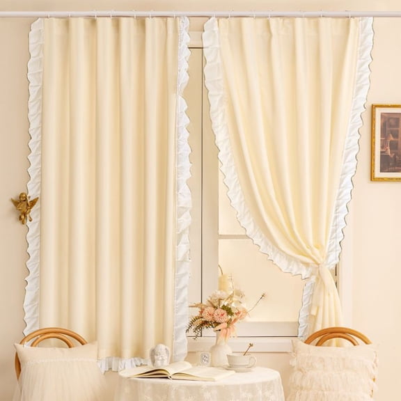 KOYPTL Ruffle Curtains 79 Inches Long for Bedroom Living Room Rod Pocket Light Filtering Soft Victorian Romantic Ruffle Pleated Curtains for Nursery Room Window Privacy Decor 79*35Inch 1pc Beige