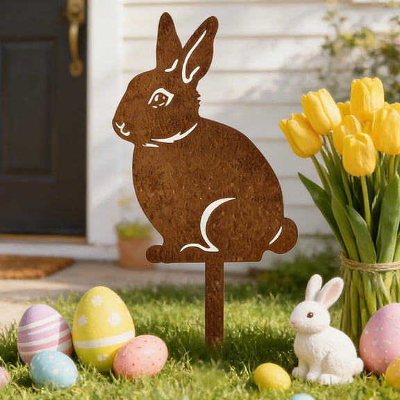 KOYPTL Rustic Easter Bunny Garden Stakes Metal Yard Signs for Easter Decorations Outdoor Spring Home Decor