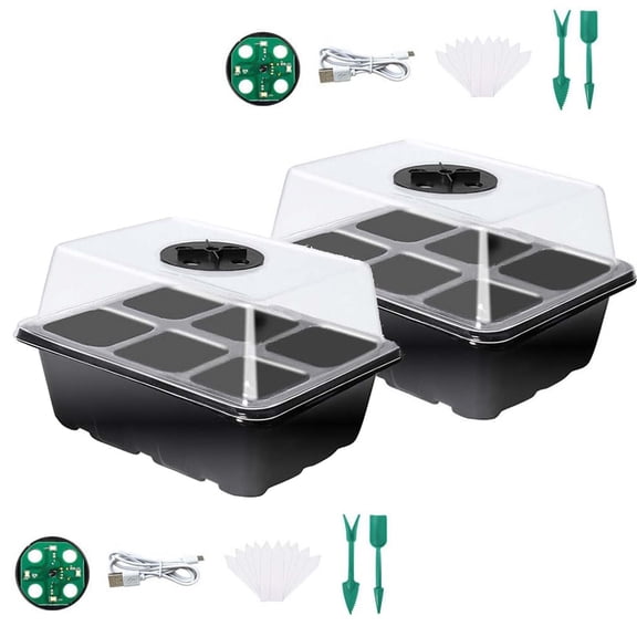 KOYPTL Seeding Starter Tray Kit with Grow Light,2 Pack Plants Starter Tray with Humidity Domes Base Indoor Greenhouse Thicken Mini Propagator Station for Seeds Growing Starting 6 Cells Per Tray Black
