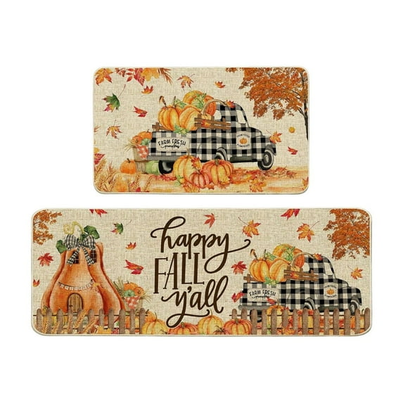 KOYPTL Set Of 2 Fall Thanksgiving Kitchen Rugs And Mats Set,Maple Leaf Pumpkin Rugs Farmhouse Buffalo Plaid Non Slip Floor Mats,Autumn Harvest Doormat For Home Party Halloween Decor 16*24+16*48 inch