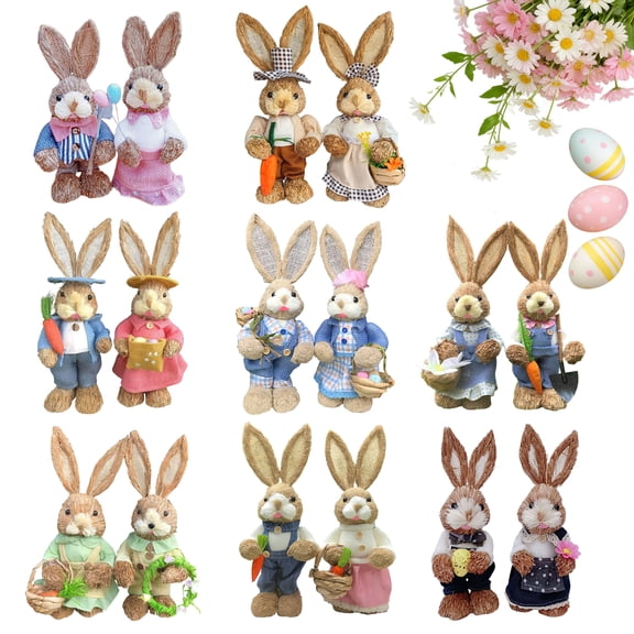 KOYPTL Set of 2 Rabbit Decorations Bunny Figurines with Carrot & Egg, Easter Party Supplies Ornaments Spring Straw Bunny Couple Farmhouse Centerpieces for Tables, Easter Rabbits Decor 23cm/9in