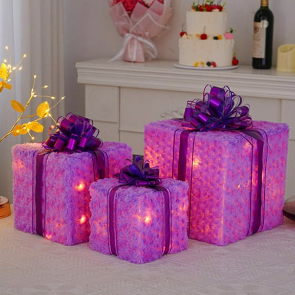 KOYPTL Set Of 3 Christmas Light Box Decorations with Remote Control LED Lighted Gift Boxes, Present Boxes Ornament with Bows for Xmas Tree Indoor Yard Home Party Gift Box Decorations