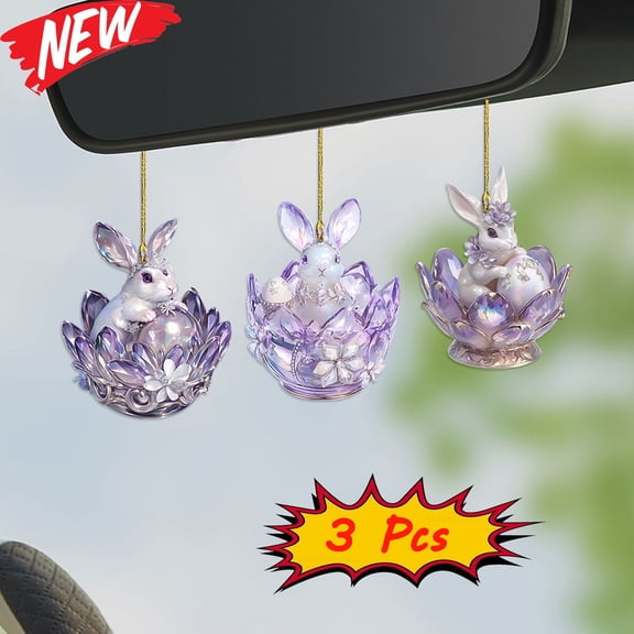KOYPTL Set of 3 Easter Bunny Decorations for Home Decor Practical and Stylish 2D Acrylic Animal Hanging Ornament for Tree Car Cute Purple Rabbit Delicated Gifts for Women Friends(Single-sided)