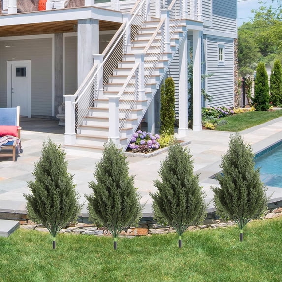 KOYPTL Faux Cypress Topiary Tree with Ground Spike Outdoor Faux Bush Plants UV Resistant,16'' Artificial Fake Topiary Evergreen Tree for Porch Decorations