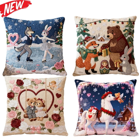 KOYPTL Set of 4 Winter Pillow Covers 18x18 Inch Romantic Love Heart Design Throw Pillow Cases for Sofa Bed Car Couch Bed Home Decor Square Flax Cushion Covers for Holiday Valentines Day Decorations