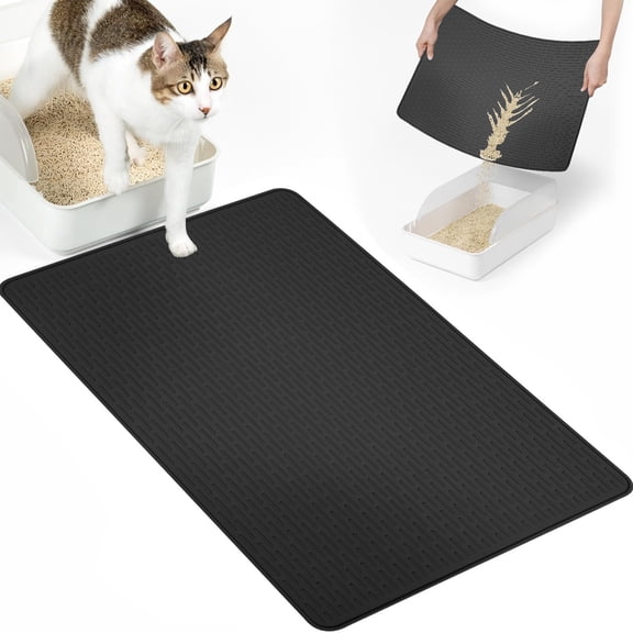 KOYPTL Silicone Cat Litter Mat 28x20 in Waterproof Litter Box Mat Cats Feeding Mats with Raised Edges Quick Clean Desig (Black)