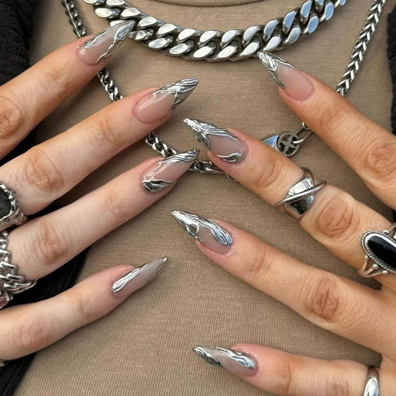 Silver French Tip Press on Nails,Long Almond Fake Nails with Swirl Lines Designs 3D,Acrylic Glossy Full Cover Glue on Nails Cute Artificial Stick on Nails for Women Girl Manicure Holiday 24pcs