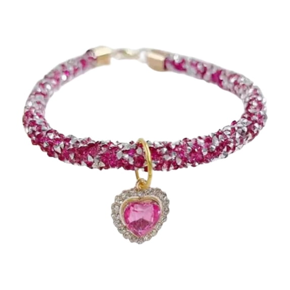 KOYPTL Sparkling Pink Rhinestone Braided Pet Collar Heart Shape,Adjustable Soft Bling Necklace for Small Medium Cats Puppies,Lightweight Decorative Neck Collar for Daily Walking Party Photo