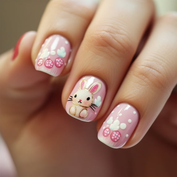 Spring Easter Press on Nails 24pcs,Cute Bunny Fake Nails,Short Square Graffiti Rabbit Flowers Artificial False Nails,Colored Acrylic Nails Kit for Women Girls Manicure Holiday Daily Home Party