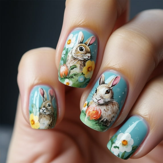 Spring Easter Press on Nails 24pcs,Cute Bunny Fake Nails,Short Square Graffiti Rabbit Flowers Artificial False Nails,Colored Acrylic Nails Kit for Women Girls Manicure Holiday Daily Home Party