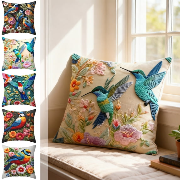 KOYPTL Spring Pillow Cover 18x18 Inch – Embroidered Summer Throw Pillow Cover Flowers Birds Farmhouse Decorative Cushion Case with Hidden Zipper Decoration for Couch Sofa Living Room(1 Pack)