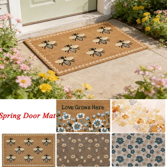 KOYPTL Spring Welcome Mat for Indoor Outdoor Home Decor,Blue Floral Loves Grows Here Non Slip Outdoor Door Mat,Low Profile Entrance Doormat Entryway Carpet Rug for Porch Patio Hallway