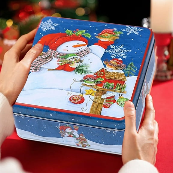 KOYPTL Square Christmas Metal Cookie Tin with Lids Multipurpose Containers Snowman Storage Container for Xmas Cookies Candy Brownies Snacks Chocolate Cake Craft Holiday Party Gift Box Xmas Decor