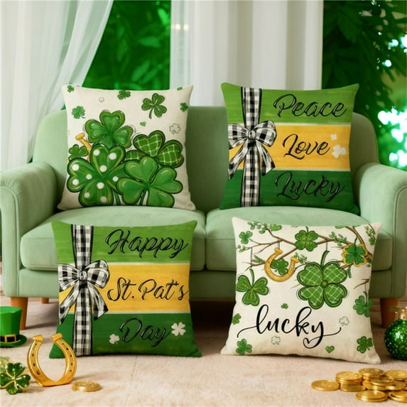 KOYPTL St.Patrick's Day Decorations Pillow Covers 18 x 18 Inch Green Shamrock Heart Lucky Charm Buffalo Plaid Pillow Cases for Home Sofa Couch Cushion Decor(1PC)