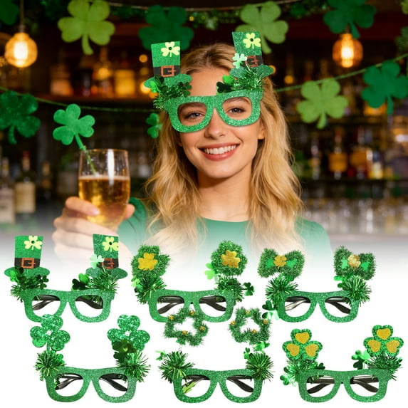 KOYPTL St Patricks Day Glasses Set of 6 Glitter Shamrocks Green Prop Glasses for St Patricks Day Decorations Eyewear Frame Holiday Party Favors Supplies Gifts for Women Boys Girls