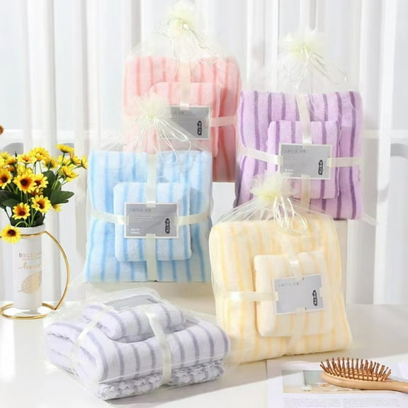 KOYPTL Striped Flannel Towel Set of 2 Included Velvet Large Bath Towels and Face Towel,Absorbent Lightweight Quick Dry Bath Towels Adult Hand Towels Multipurpose Use for Bathroom Shower Yellow