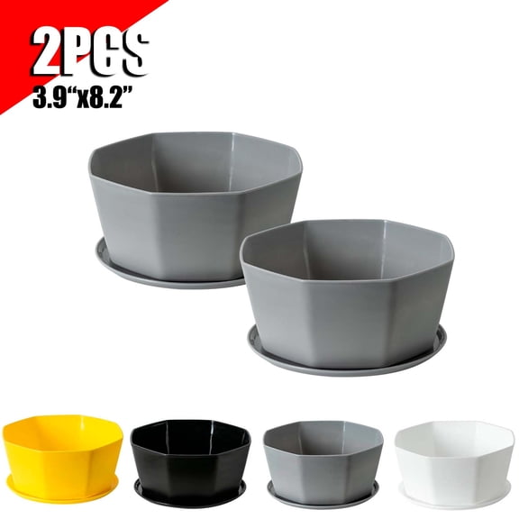 KOYPTL Succulents Pots with Drainage Hole 2pcs,Resin Octagon Bowl Planter Container with Pot Tray for Succulents Cactus Flowers,Shallow Herb Planters for Home Office Garden Plant Pot Present 3.9x8.2"